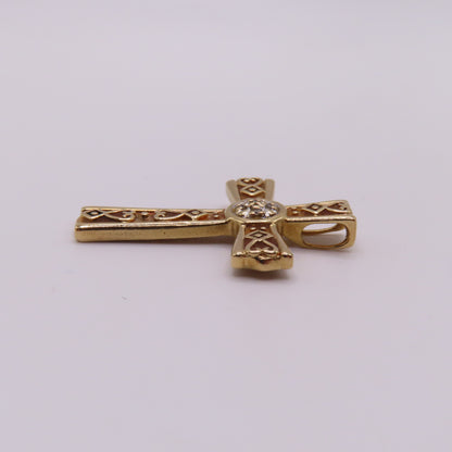 10K Yellow Gold Openwork Filigree Cross with Diamond Cluster Pendant 2.2g