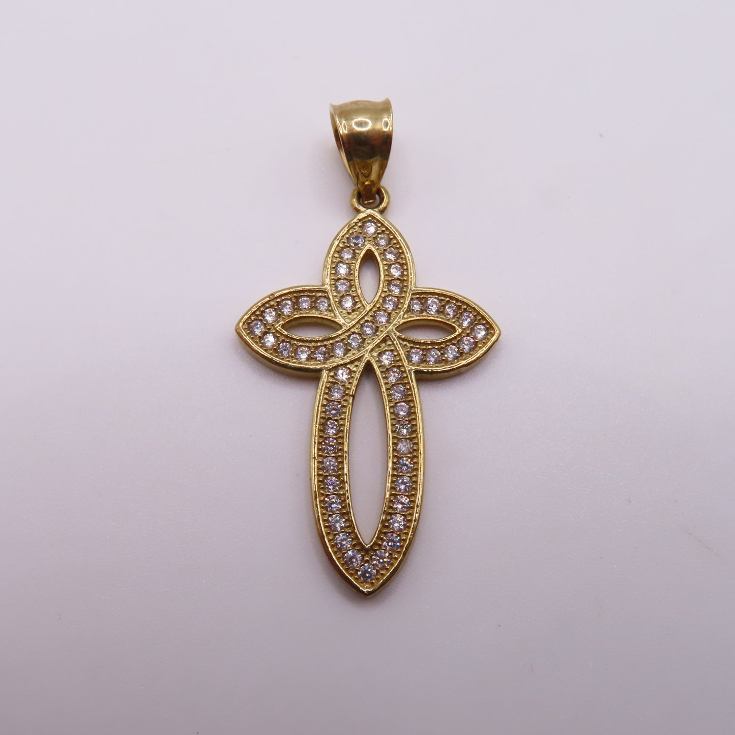 10K Yellow Gold Open Loop Infinite Celtic Cross Pavé Pendant 1.5" 2.7g