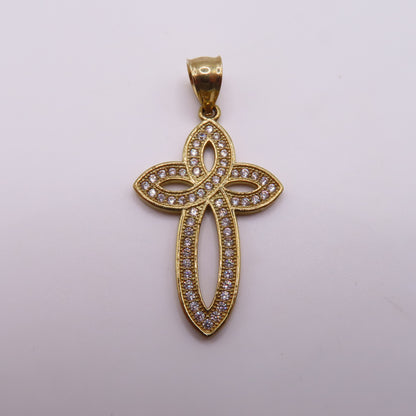 10K Yellow Gold Open Loop Infinite Celtic Cross Pavé Pendant 1.5" 2.7g