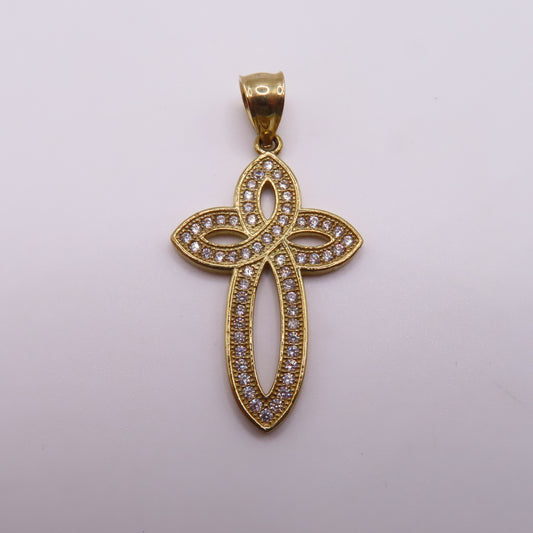 10K Yellow Gold Open Loop Infinite Celtic Cross Pavé Pendant 1.5" 2.7g