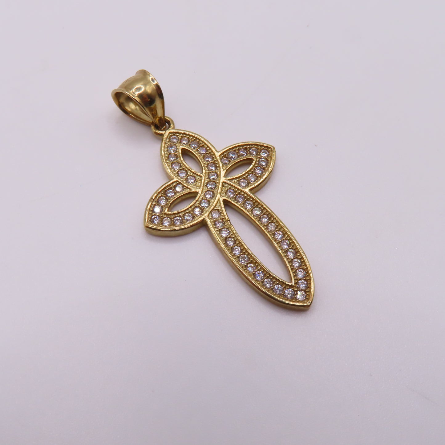 10K Yellow Gold Open Loop Infinite Celtic Cross Pavé Pendant 1.5" 2.7g