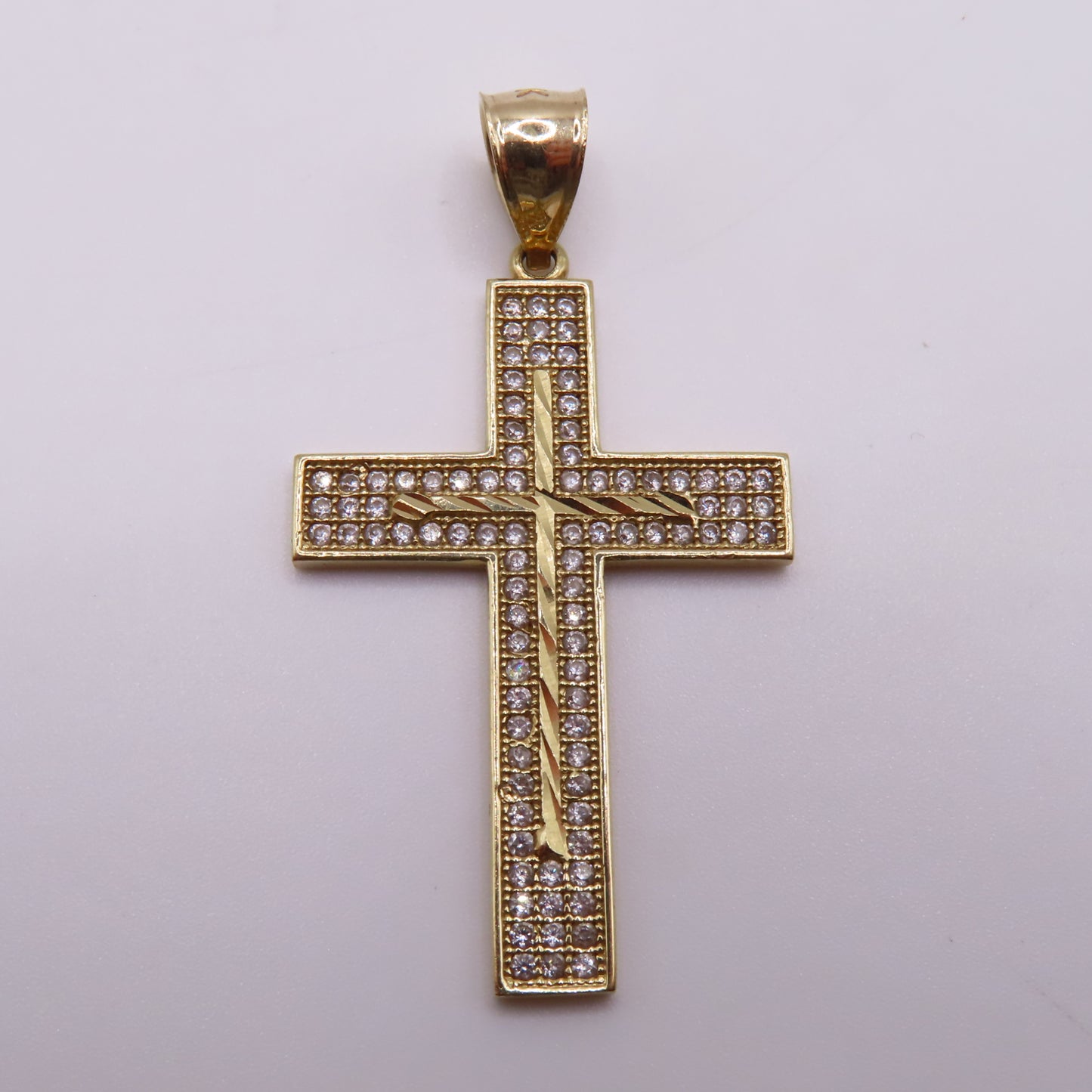 14K Yellow Gold CZ Pavé Cross Textured Diamond Cut Pendant 1.75" 3.5g