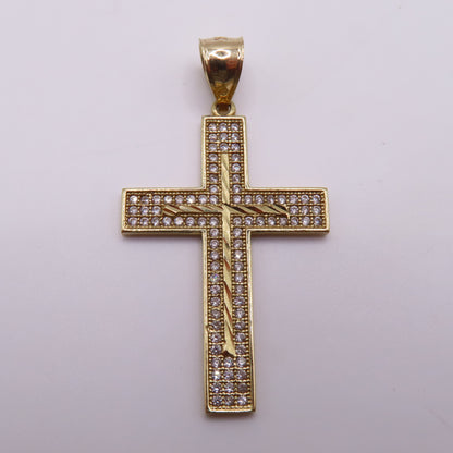 14K Yellow Gold CZ Pavé Cross Textured Diamond Cut Pendant 1.75" 3.5g