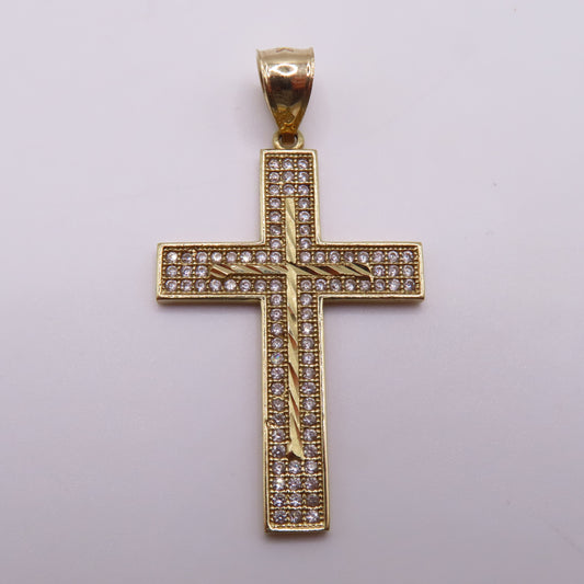 14K Yellow Gold CZ Pavé Cross Textured Diamond Cut Pendant 1.75" 3.5g