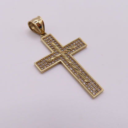 14K Yellow Gold CZ Pavé Cross Textured Diamond Cut Pendant 1.75" 3.5g