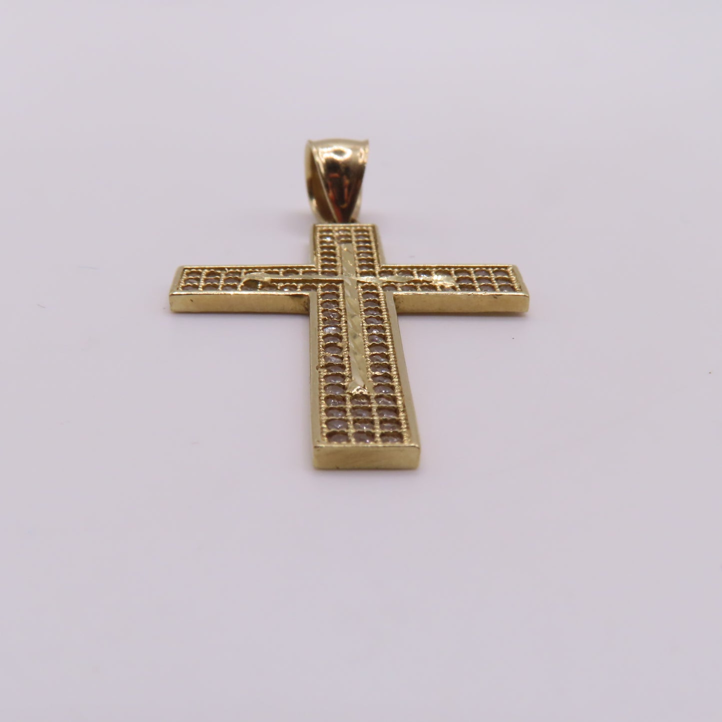 14K Yellow Gold CZ Pavé Cross Textured Diamond Cut Pendant 1.75" 3.5g