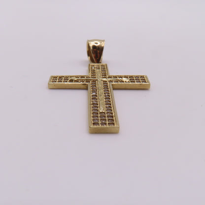 14K Yellow Gold CZ Pavé Cross Textured Diamond Cut Pendant 1.75" 3.5g