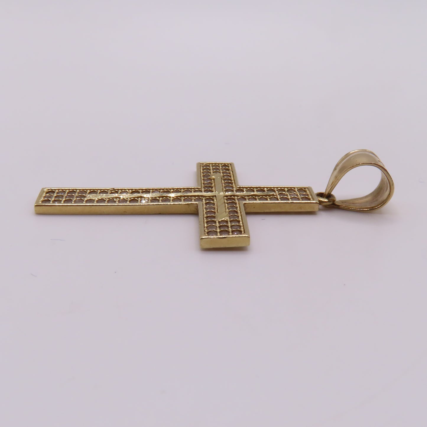 14K Yellow Gold CZ Pavé Cross Textured Diamond Cut Pendant 1.75" 3.5g