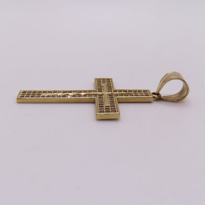 14K Yellow Gold CZ Pavé Cross Textured Diamond Cut Pendant 1.75" 3.5g