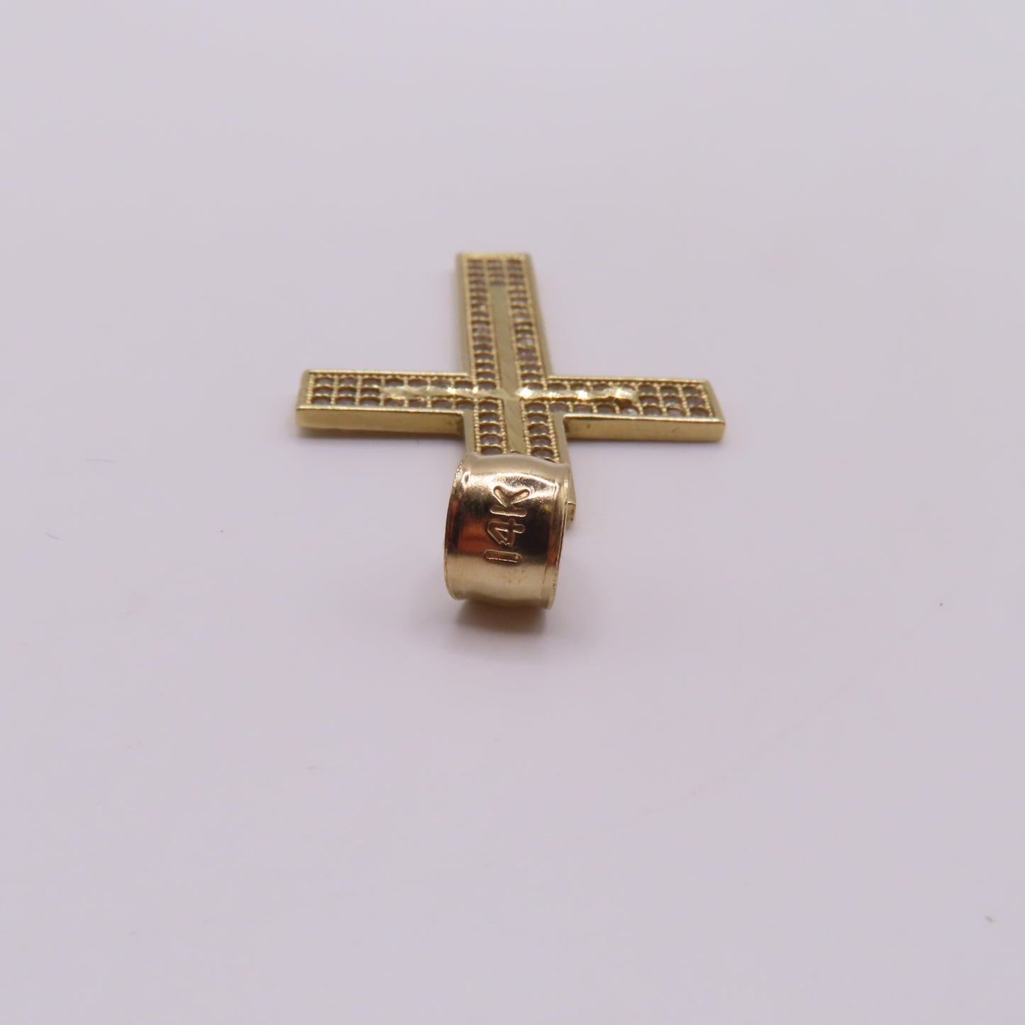 14K Yellow Gold CZ Pavé Cross Textured Diamond Cut Pendant 1.75" 3.5g