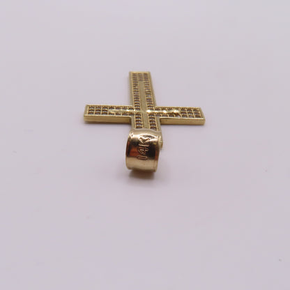 14K Yellow Gold CZ Pavé Cross Textured Diamond Cut Pendant 1.75" 3.5g