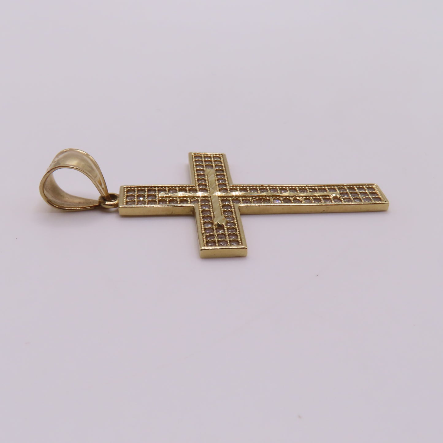 14K Yellow Gold CZ Pavé Cross Textured Diamond Cut Pendant 1.75" 3.5g