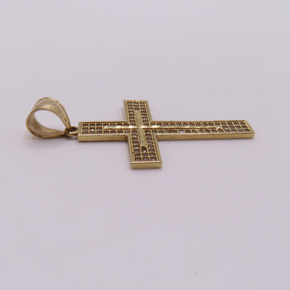 14K Yellow Gold CZ Pavé Cross Textured Diamond Cut Pendant 1.75" 3.5g