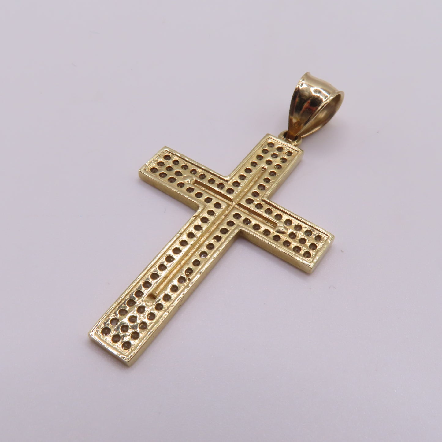 14K Yellow Gold CZ Pavé Cross Textured Diamond Cut Pendant 1.75" 3.5g