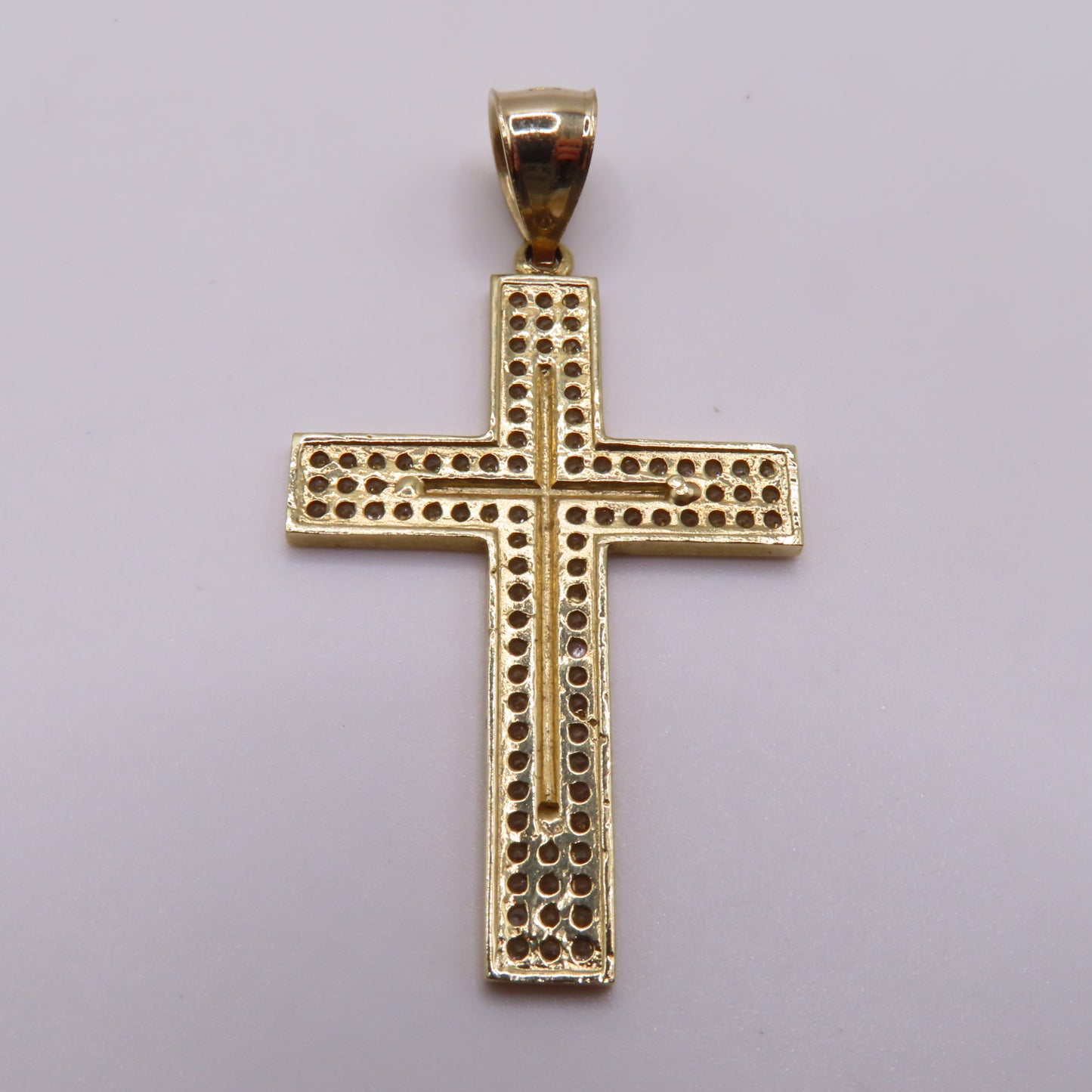 14K Yellow Gold CZ Pavé Cross Textured Diamond Cut Pendant 1.75" 3.5g