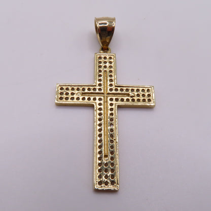 14K Yellow Gold CZ Pavé Cross Textured Diamond Cut Pendant 1.75" 3.5g