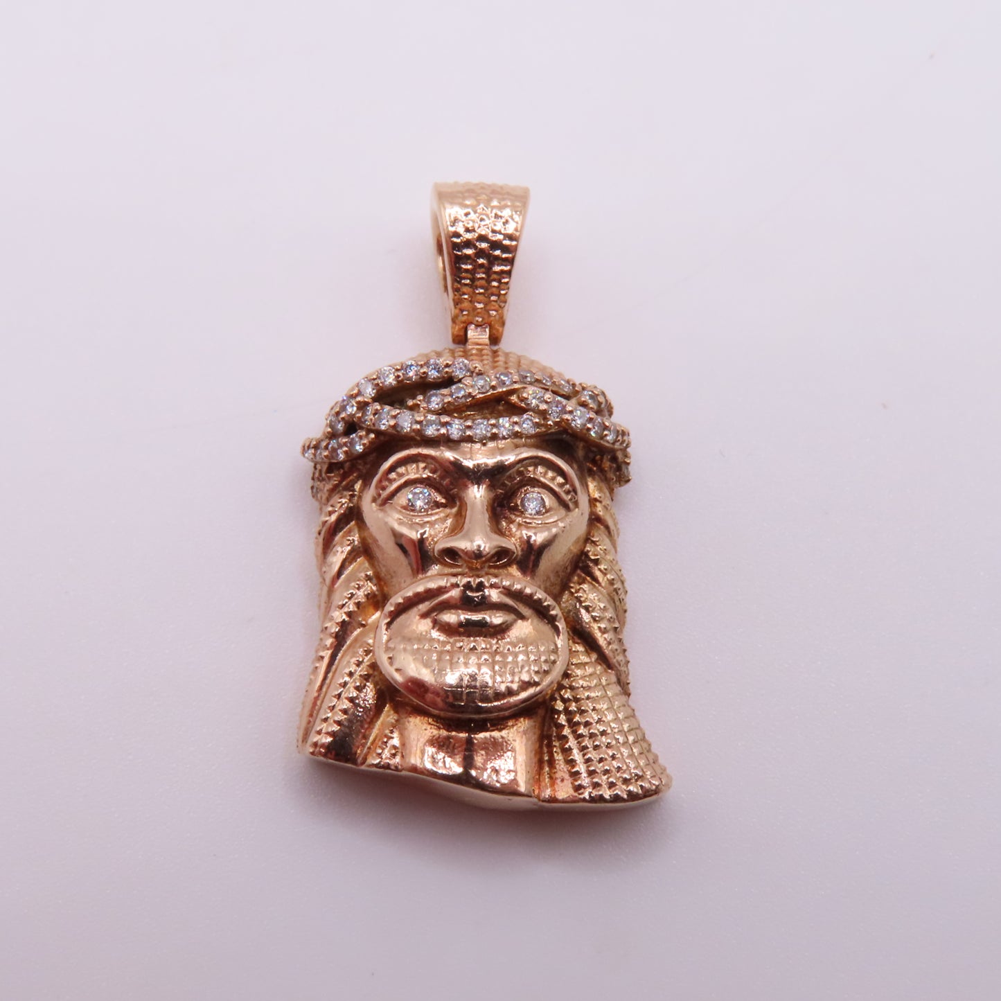 14K Rose Gold Diamond Jesus Head Crown of Thorns 3D Pendant 1.25" 10g