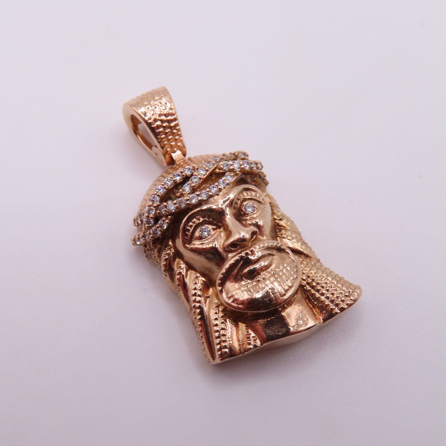 14K Rose Gold Diamond Jesus Head Crown of Thorns 3D Pendant 1.25" 10g