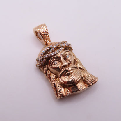 14K Rose Gold Diamond Jesus Head Crown of Thorns 3D Pendant 1.25" 10g