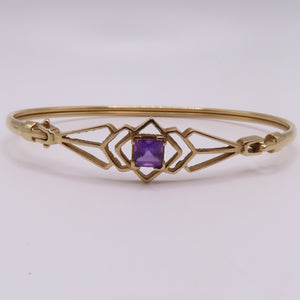 Vintage 9K Yellow Gold Princess Cut Amethyst Geometric Hinged Bangle Bracelet 6-3/4" 6.5g