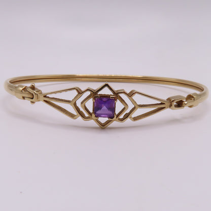 Vintage 9K Yellow Gold Princess Cut Amethyst Geometric Hinged Bangle Bracelet 6-3/4" 6.5g