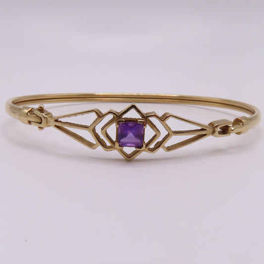 Vintage 9K Yellow Gold Princess Cut Amethyst Geometric Hinged Bangle Bracelet 6-3/4" 6.5g