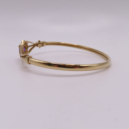 Vintage 9K Yellow Gold Princess Cut Amethyst Geometric Hinged Bangle Bracelet 6-3/4" 6.5g