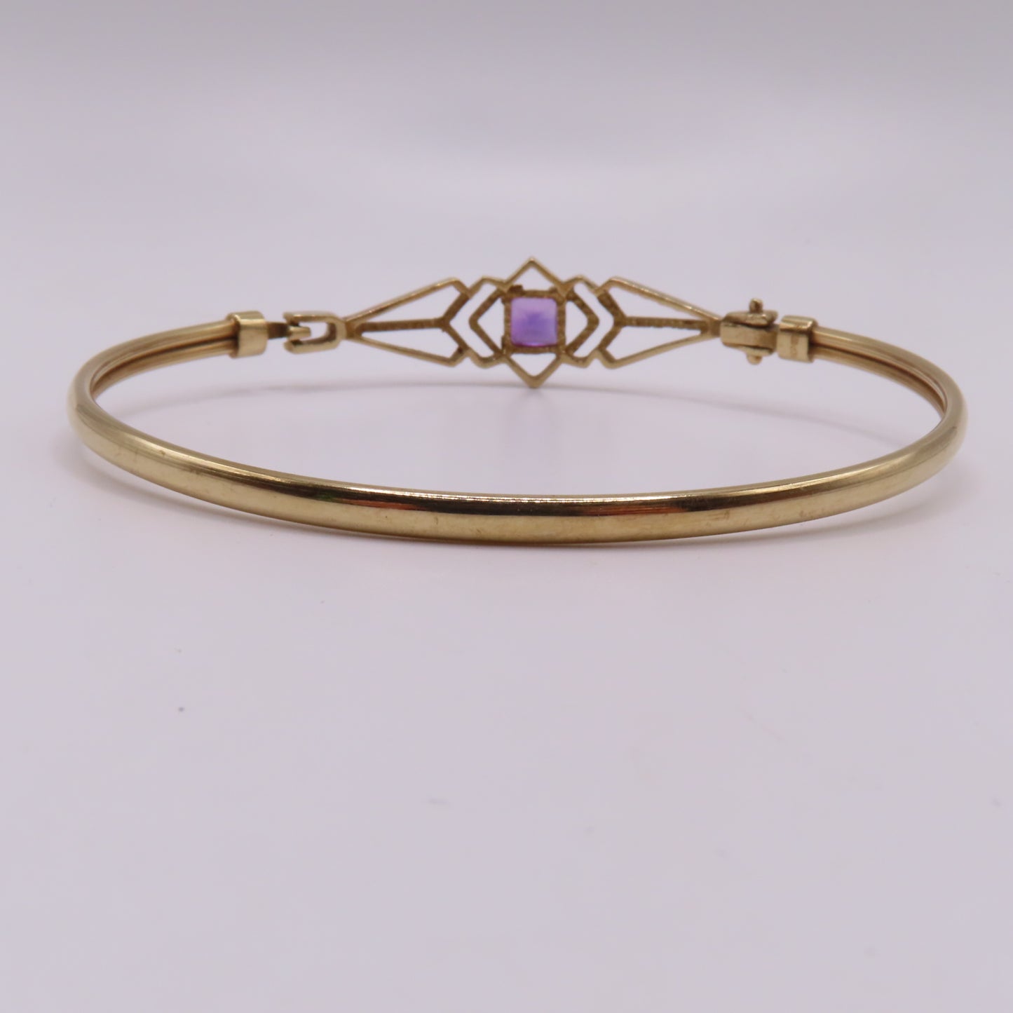 Vintage 9K Yellow Gold Princess Cut Amethyst Geometric Hinged Bangle Bracelet 6-3/4" 6.5g