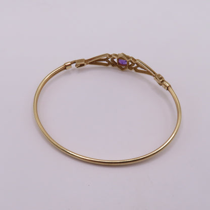 Vintage 9K Yellow Gold Princess Cut Amethyst Geometric Hinged Bangle Bracelet 6-3/4" 6.5g