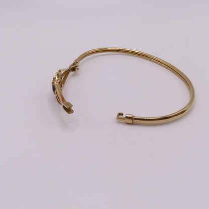Vintage 9K Yellow Gold Princess Cut Amethyst Geometric Hinged Bangle Bracelet 6-3/4" 6.5g