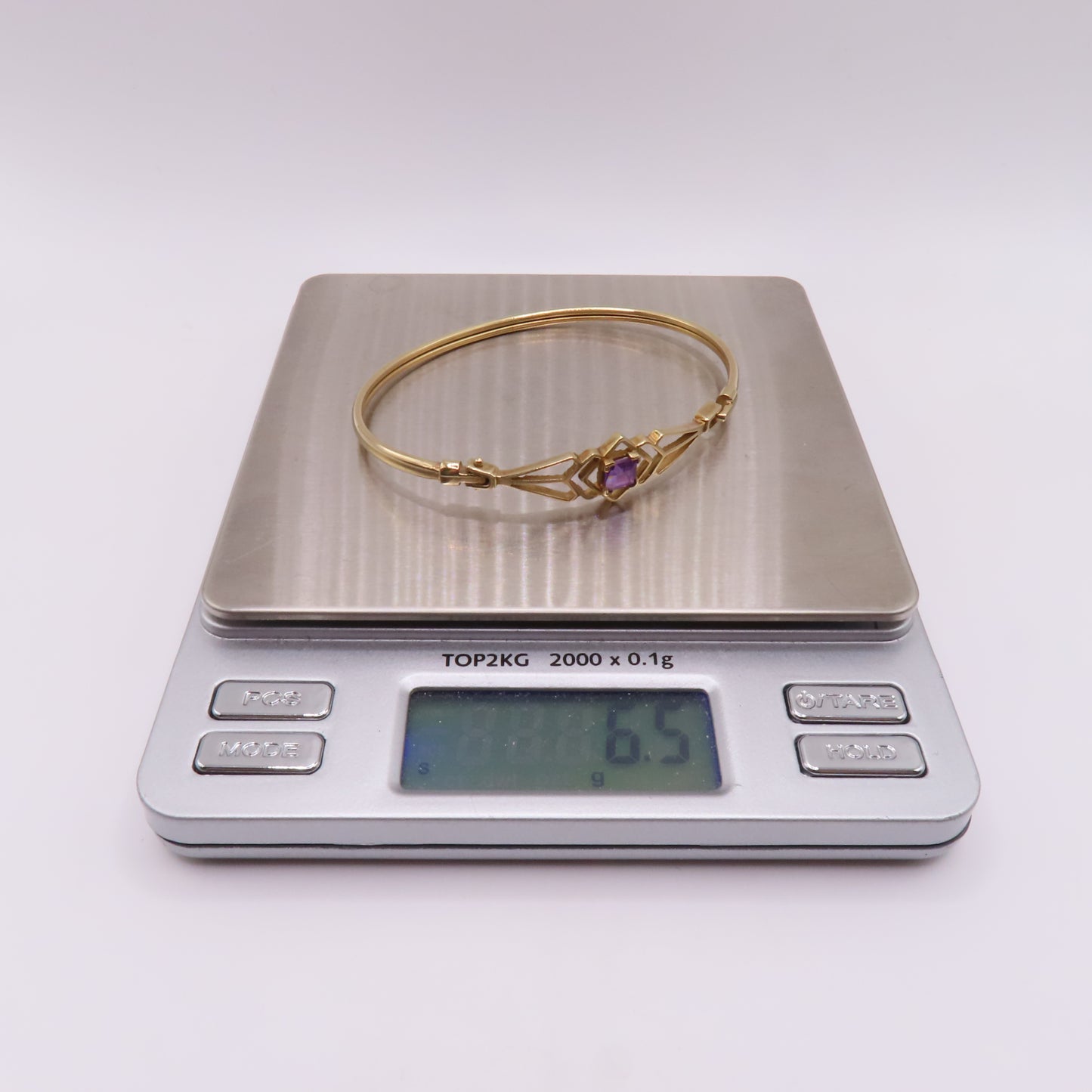 Vintage 9K Yellow Gold Princess Cut Amethyst Geometric Hinged Bangle Bracelet 6-3/4" 6.5g