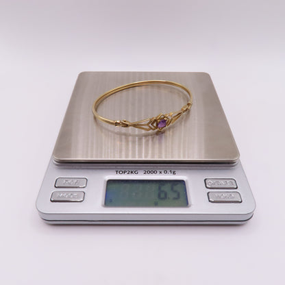 Vintage 9K Yellow Gold Princess Cut Amethyst Geometric Hinged Bangle Bracelet 6-3/4" 6.5g