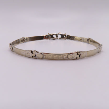 14K White Gold Greek Key Station Panel Bar Link Bracelet Modernist 7-1/2" 9g