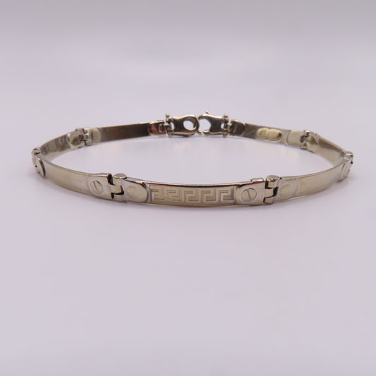 14K White Gold Greek Key Station Panel Bar Link Bracelet Modernist 7-1/2" 9g