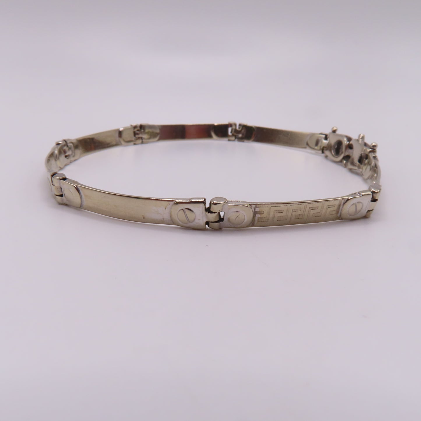 14K White Gold Greek Key Station Panel Bar Link Bracelet Modernist 7-1/2" 9g