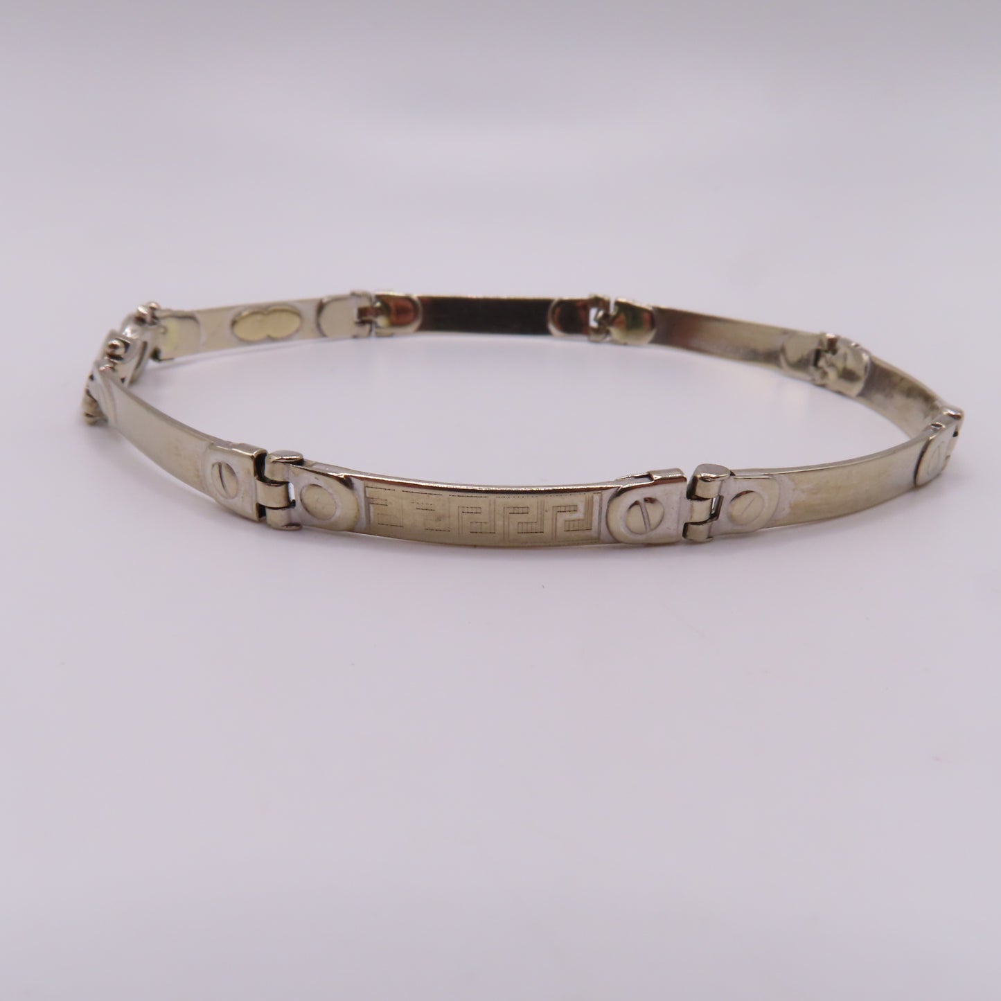 14K White Gold Greek Key Station Panel Bar Link Bracelet Modernist 7-1/2" 9g