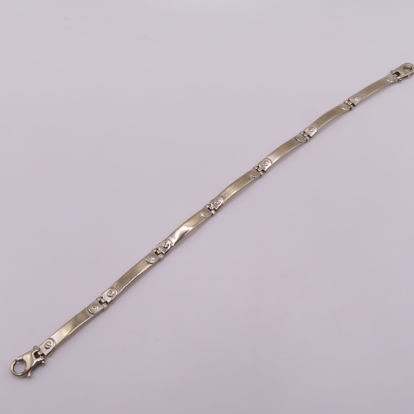 14K White Gold Greek Key Station Panel Bar Link Bracelet Modernist 7-1/2" 9g