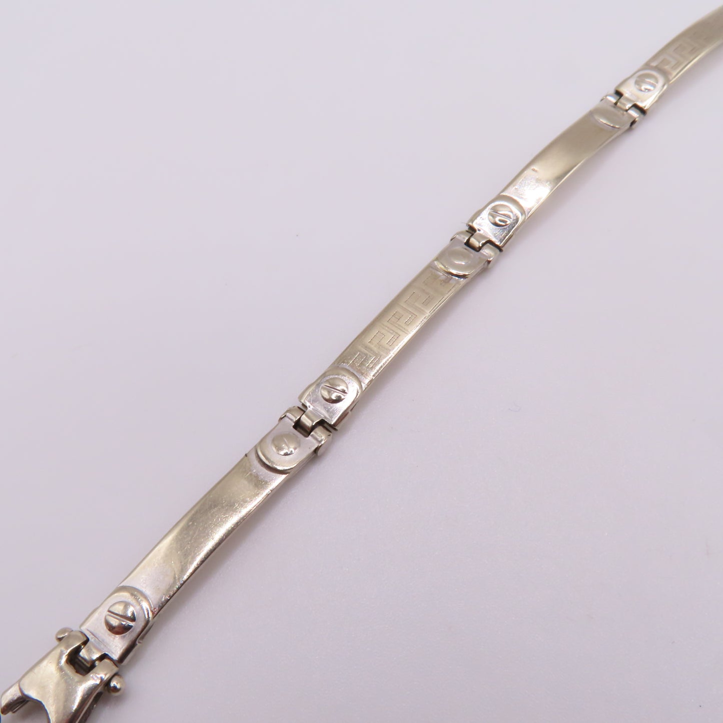 14K White Gold Greek Key Station Panel Bar Link Bracelet Modernist 7-1/2" 9g