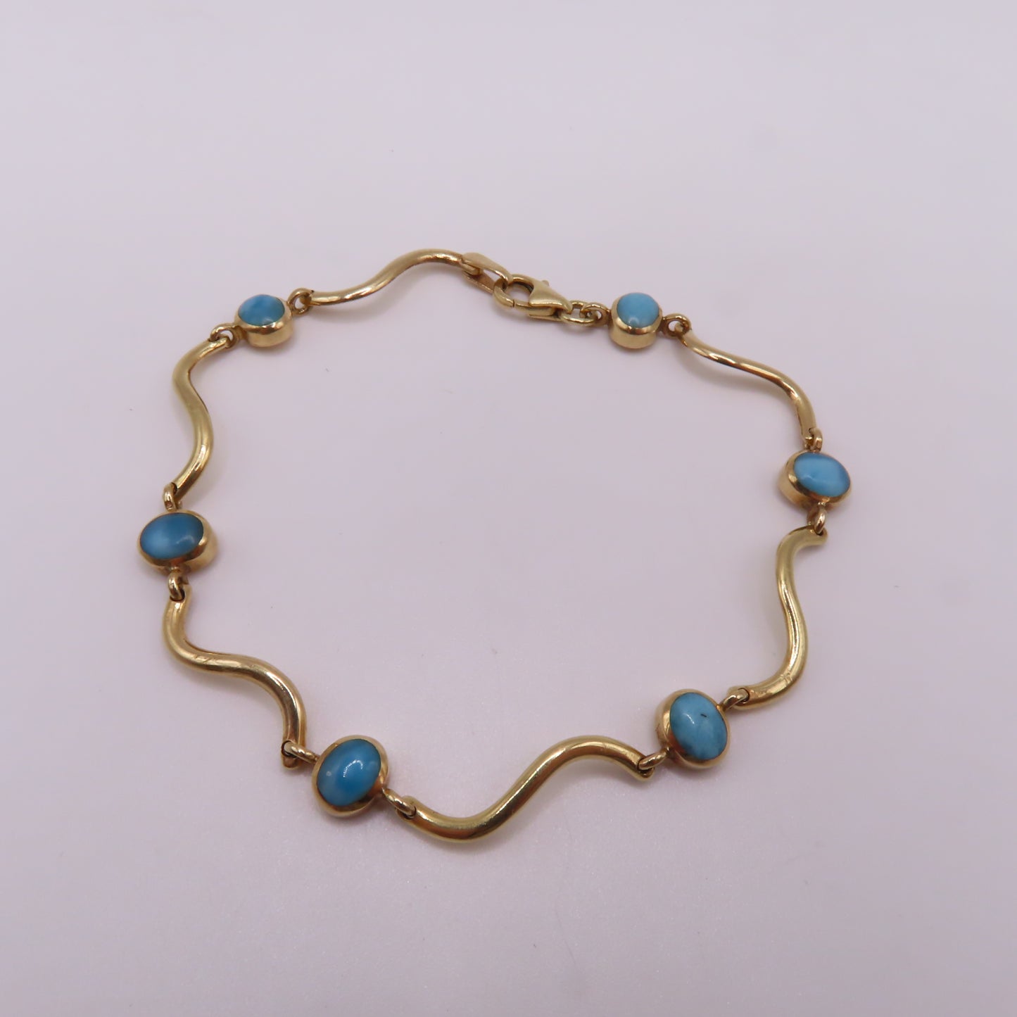 14K Yellow Gold Larimar Cabochon Wave Station Bar Link Bracelet 7" 5.3g