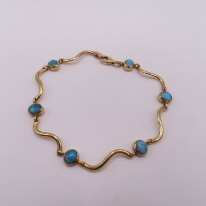 14K Yellow Gold Larimar Cabochon Wave Station Bar Link Bracelet 7" 5.3g