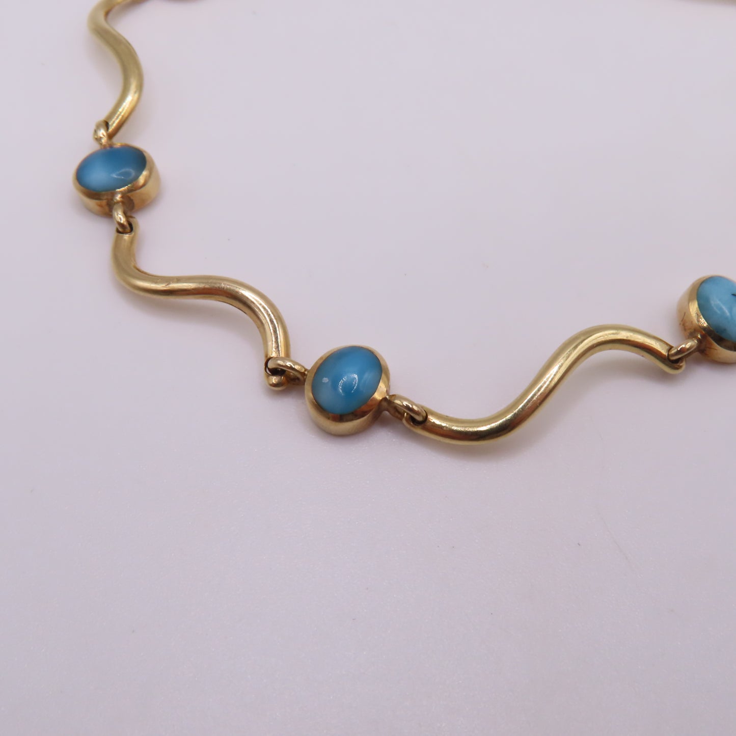 14K Yellow Gold Larimar Cabochon Wave Station Bar Link Bracelet 7" 5.3g