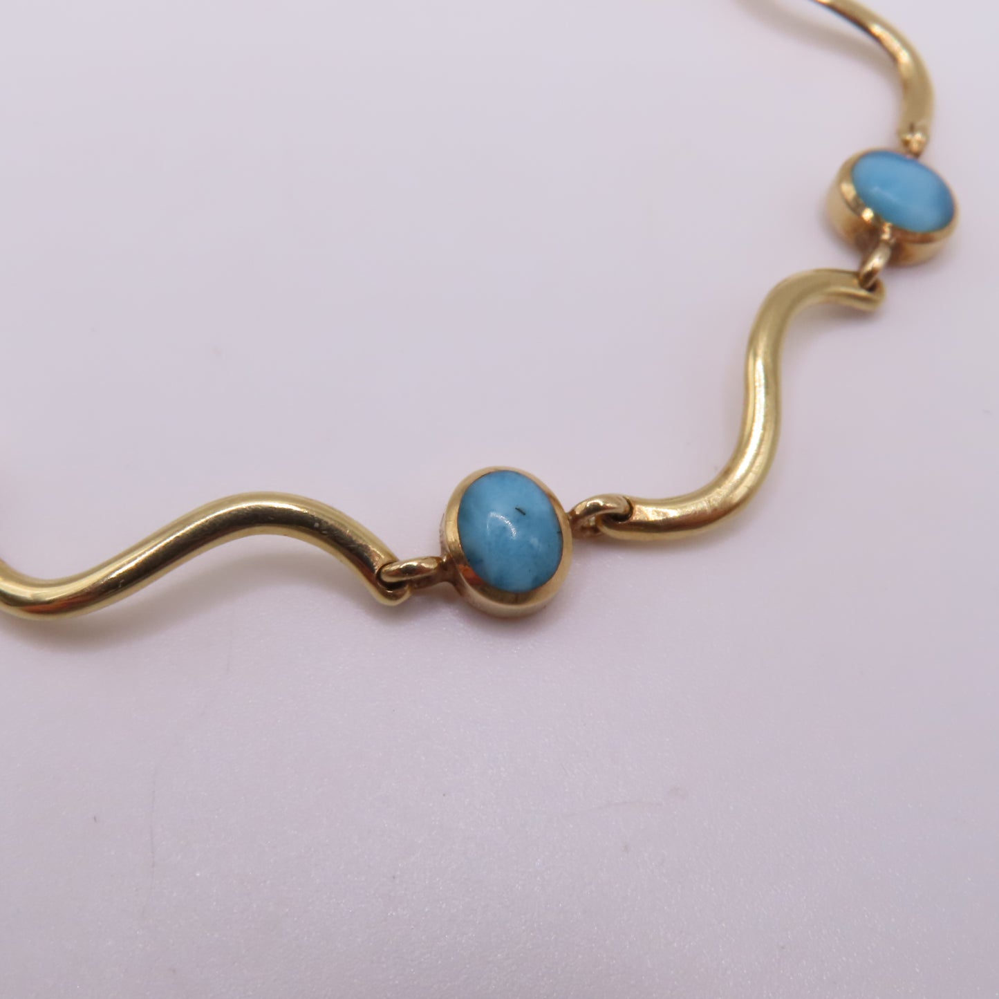 14K Yellow Gold Larimar Cabochon Wave Station Bar Link Bracelet 7" 5.3g