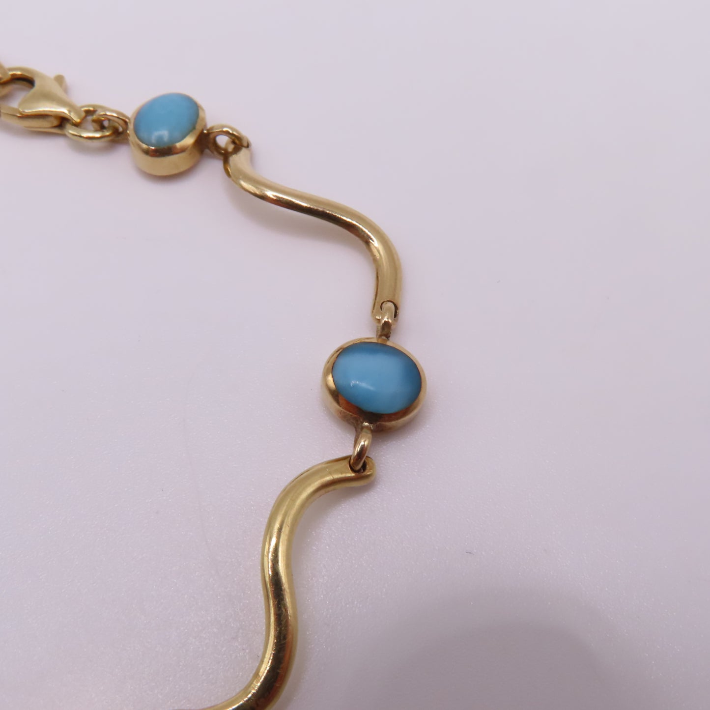 14K Yellow Gold Larimar Cabochon Wave Station Bar Link Bracelet 7" 5.3g