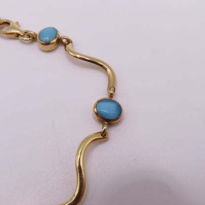 14K Yellow Gold Larimar Cabochon Wave Station Bar Link Bracelet 7" 5.3g