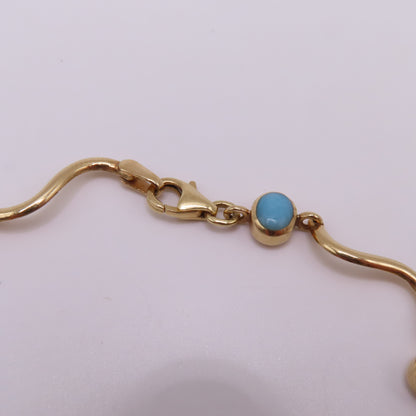14K Yellow Gold Larimar Cabochon Wave Station Bar Link Bracelet 7" 5.3g