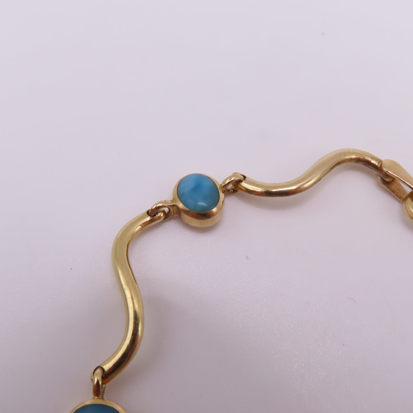 14K Yellow Gold Larimar Cabochon Wave Station Bar Link Bracelet 7" 5.3g