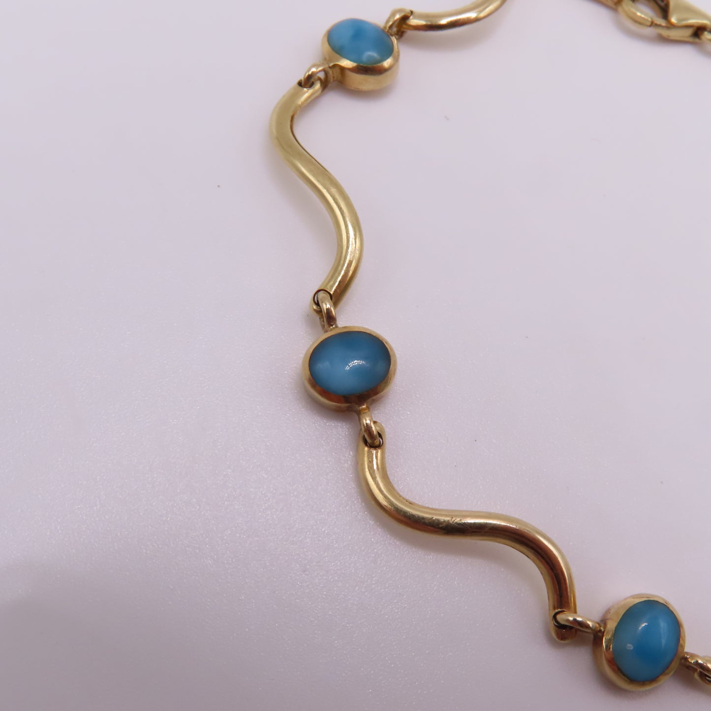 14K Yellow Gold Larimar Cabochon Wave Station Bar Link Bracelet 7" 5.3g