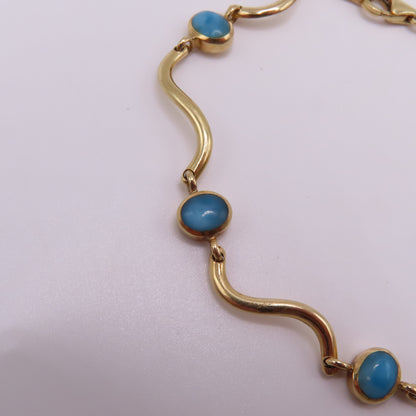 14K Yellow Gold Larimar Cabochon Wave Station Bar Link Bracelet 7" 5.3g