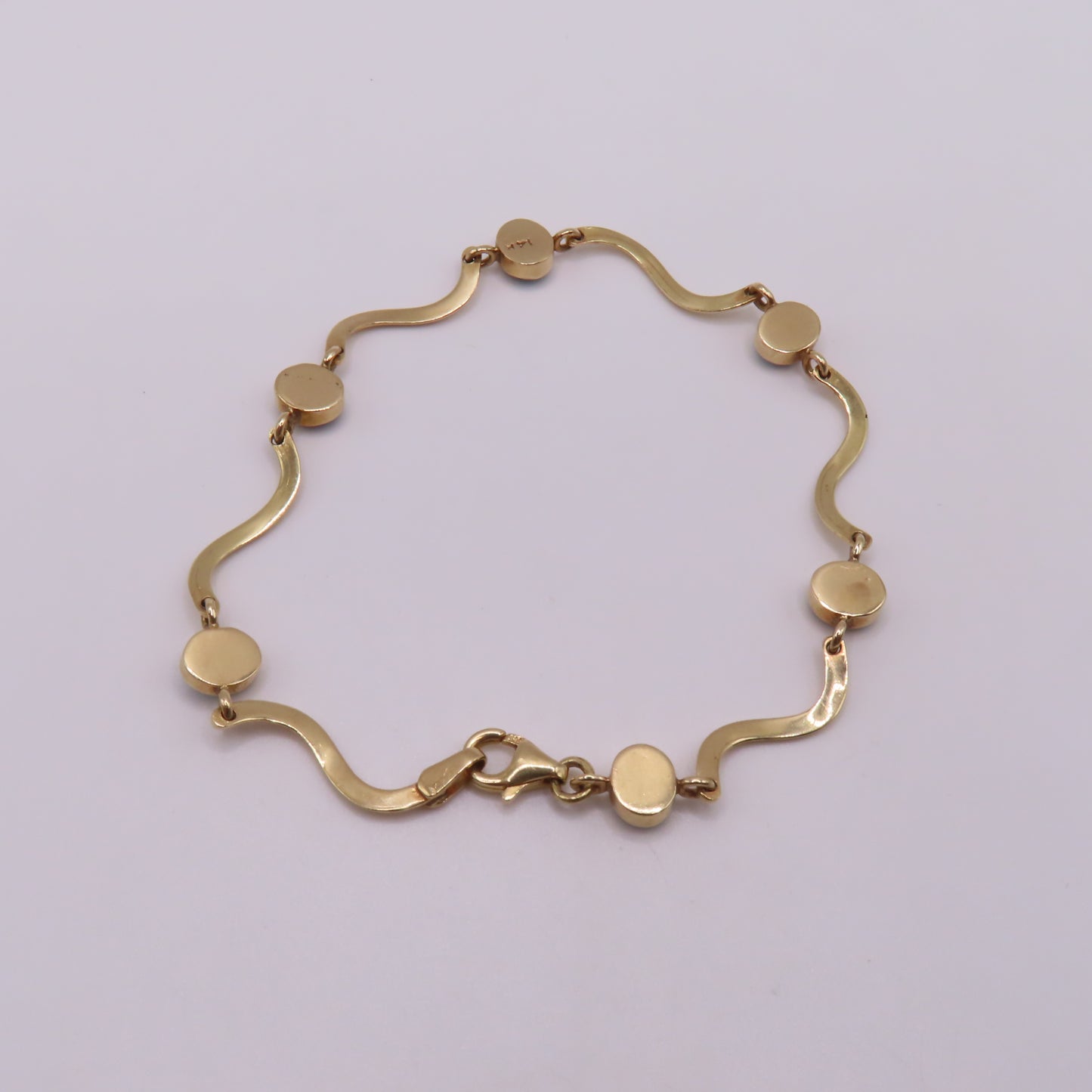 14K Yellow Gold Larimar Cabochon Wave Station Bar Link Bracelet 7" 5.3g