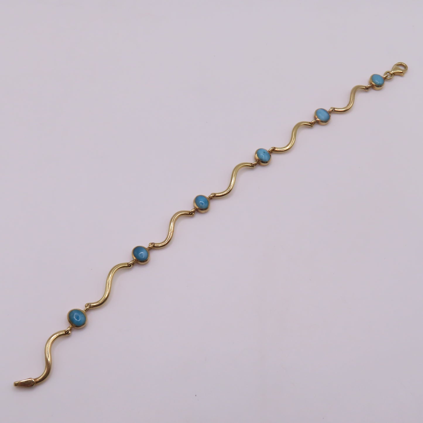 14K Yellow Gold Larimar Cabochon Wave Station Bar Link Bracelet 7" 5.3g